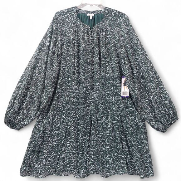 Joie Dress Womens XXL 2X Green White Dot Long Sleeve Lined Boho Peasant Buttons - Picture 2 of 10